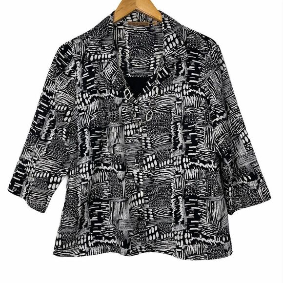 Notations Black and White Print Button Down Blouse - Picture 2 of 14